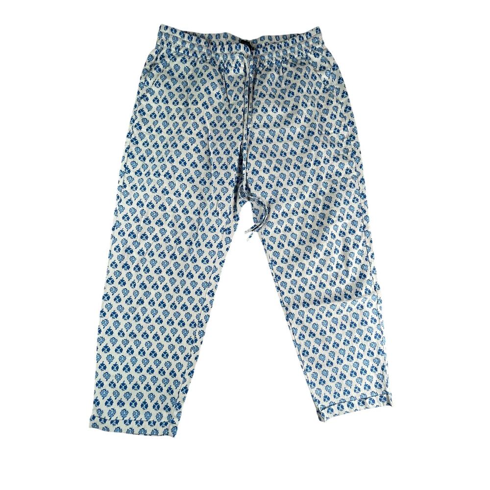 J Crew Pants Womens 10 Paisley Blue Elastic Waist Linen Beach Straight Leg